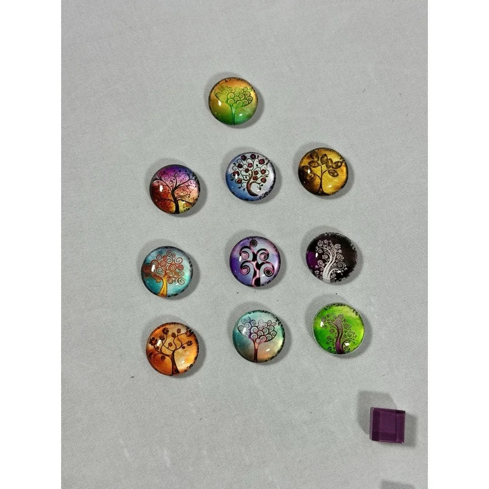 Lot (17) Magnets - 10 Colorful Tree Magnets & 7‎ Glass Square Magnets